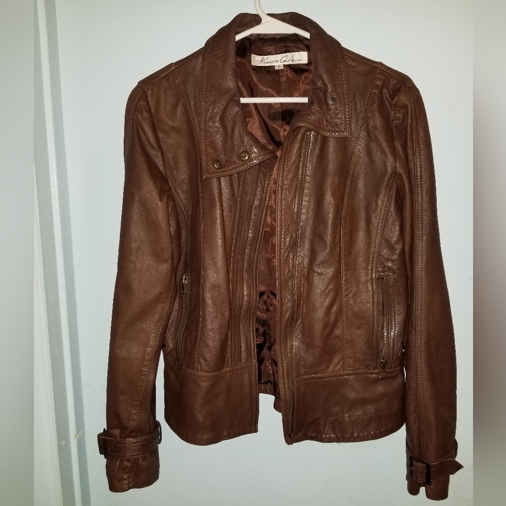 Vintage Kenneth Cole Genuine Soft Brown Leather Jacket Snaps Zippers Cuffs Lined